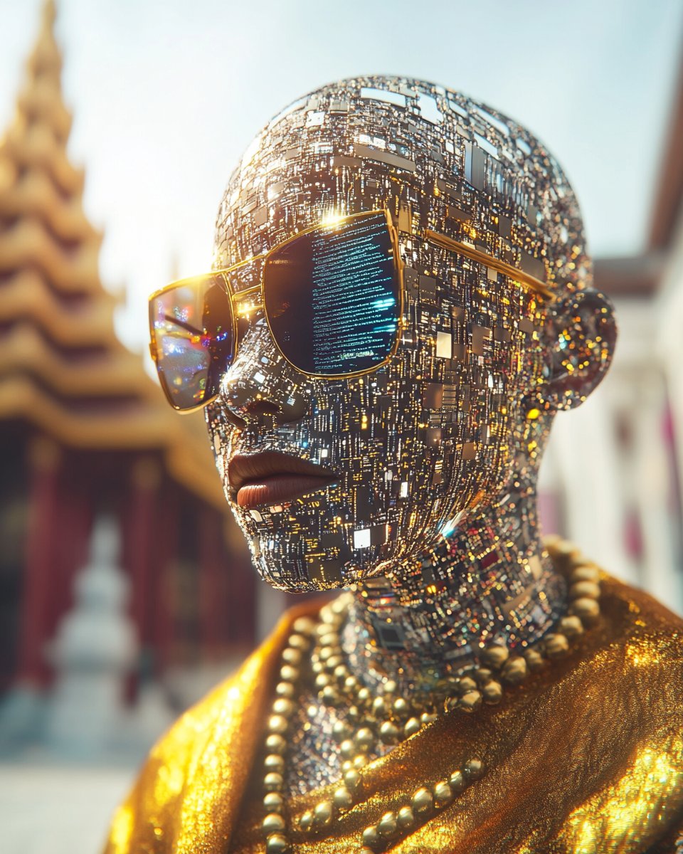 CyberMonkSt's tweet photo. When your meditation practice requires software updates. Gold circuits mapping where chakras used to be, designer shades hiding eyes that see in code. Enlightenment 2.0 looks expensive.
#CyberpunkSpirituality #DigitalDeity #TechArt https://t.co/z4MWXRDfJG