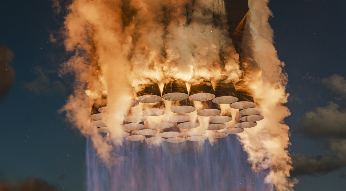 SpaceX's tweet image. 33 Raptor engines powering the Super Heavy booster off the pad from Starbase