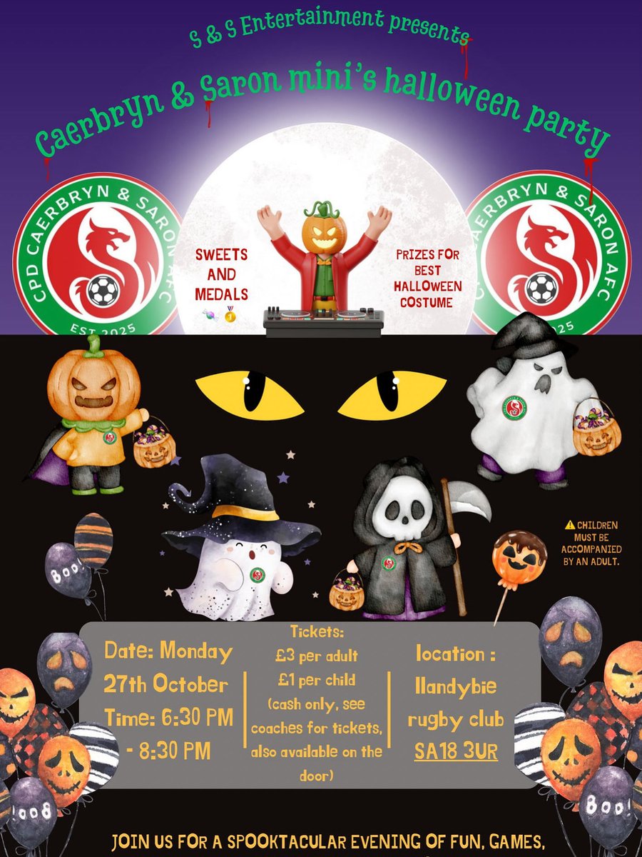 𝕸𝖎𝖓𝖎 𝕳𝖆𝖑𝖑𝖔𝖜𝖊𝖊𝖓 𝖉𝖎𝖘𝖈𝖔 👻 🎃 

📆- Monday 27th October 
⏰ - 6:30-8:30pm
📍- Llandybie Rugby Club 
For age groups under 7’s- under 11’s