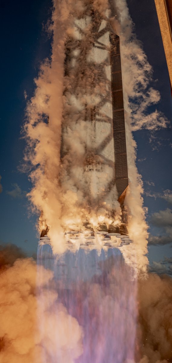 SpaceX's tweet image. 33 Raptor engines powering the Super Heavy booster off the pad from Starbase