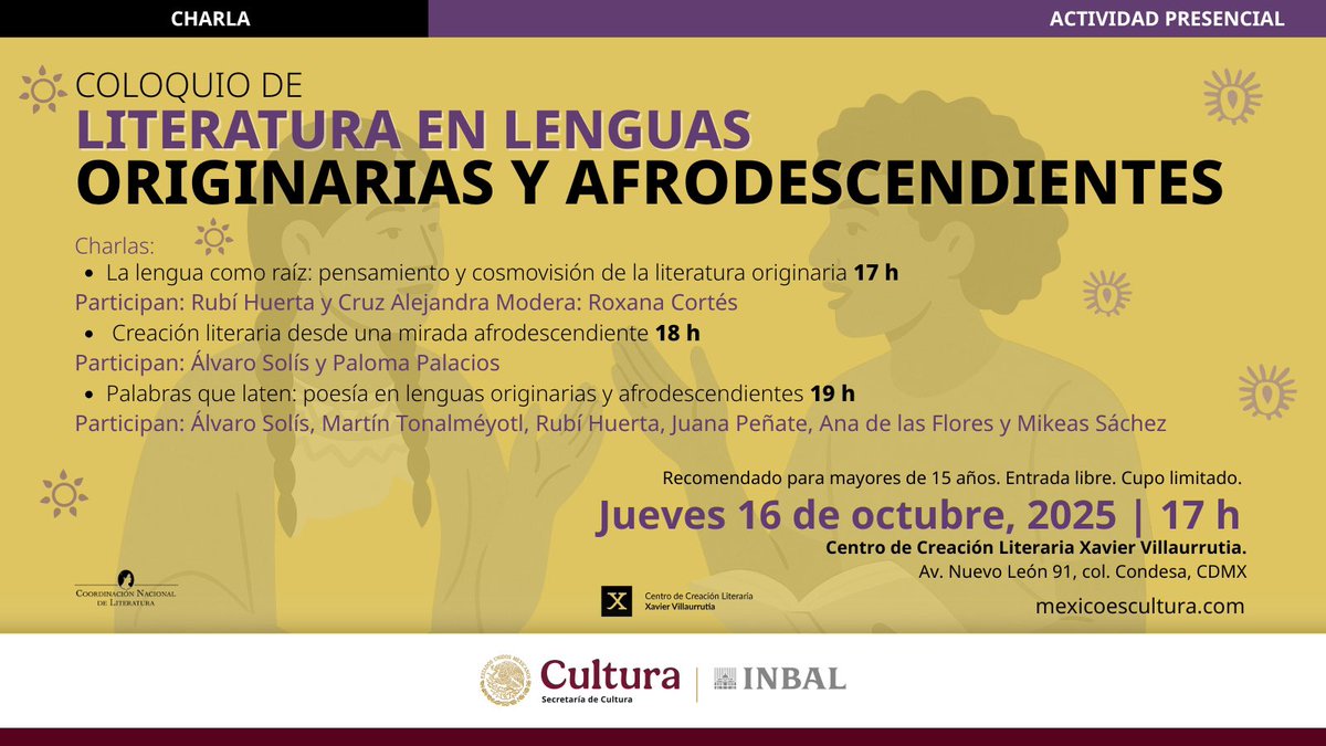 Hoy tendremos el segundo día de actividades y la clausura del “Coloquio de Literatura en Lenguas Originarias y Afrodescendientes”, a partir de las 17 h.

📅 Jueves 16 de octubre
📍 CCLXV
🎟️ Entrada libre