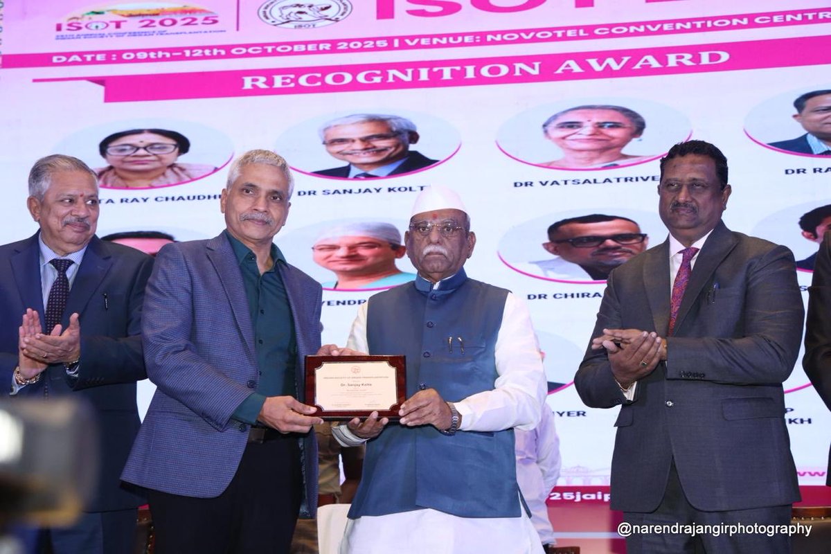 🎉A proud moment at #ISOT2025 Jaipur! Dr. Sanjay Kolte ,President-Elect ISOT honoured with ISOT Recognition Award from Chief Patron Shri Haribhau Bagade, Hon’ble Governor of Rajasthan for excellence &amp; commitment in Transplantation!👏 ⁦<a href="/balwani__manish/">Manish Balwani</a>⁩ ⁦<a href="/SanjayKolte5/">Sanjay Kolte</a>⁩