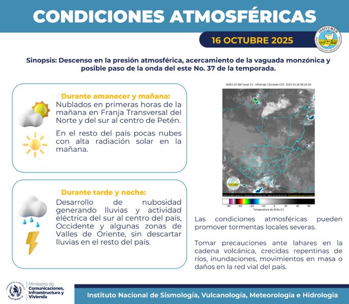 Infographic titled Condiciones Atmosfericas on October 16 2025 from INSIVUMEH showing synopsis of descending pressure, low monsoon trough, and possible tropical wave number 37. Sections detail morning solar radiation in northern Peten center, afternoon cloud development in western and southwestern areas with possible electrical activity, and evening general cloud cover in central department with rain in western, southwestern, and some eastern valleys. Includes maps of Guatemala with weather icons for sun, clouds, rain, and storm risks, plus logos of INSIVUMEH and CONRED.