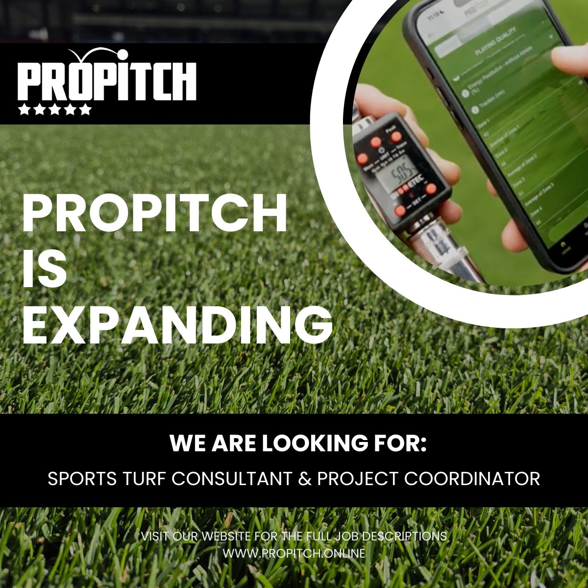 We’re expanding again! 🌍

Following our recent post for a Sports Turf Analyst, we’re now hiring for:
🌱 Sports Turf Consultant
🗂️ Project Coordinator (Maternity Cover)

Apply via 🔗 propitch.online/jobs