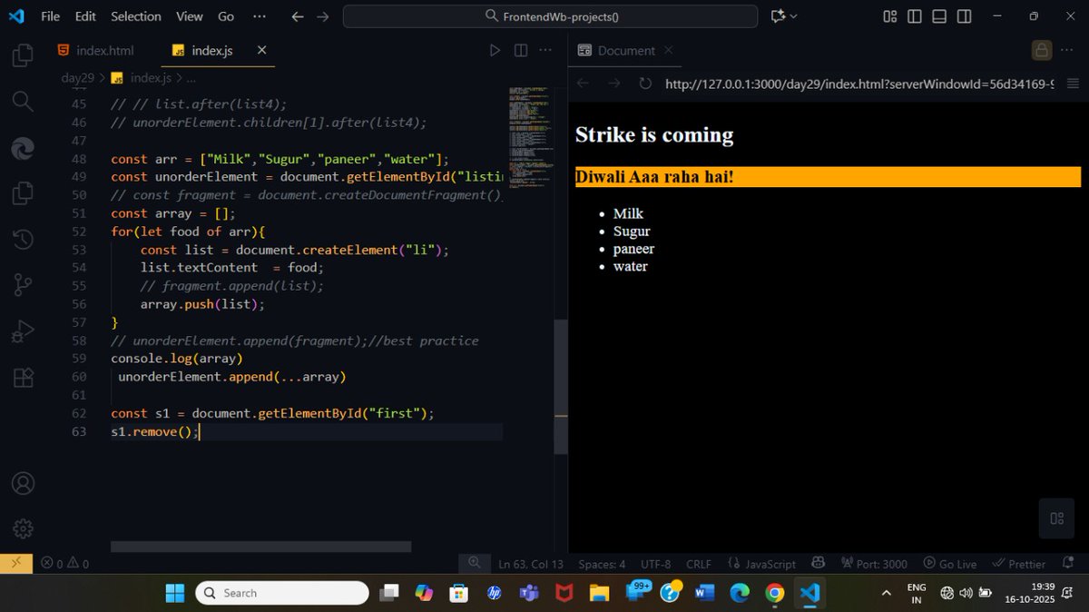 RAJATMO43645891's tweet image. Day-29 Attendance marked
Today's topics ✨
1) create element by js
2) accessing element by js
3) some old syntax
4) innerHTML vs textcontent
Also I have solve the list problem using array. Push() and spread operator
Thank you bhaiya @rohit_negi9
#CodingChallenge