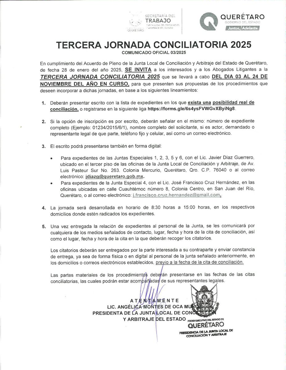 La Junta Local de Conciliación y Arbitraje del Estado, INVITA a los interesados y Abogados Litigantes a la TERCERA JORNADA CONCILIATORIA 2025 que se llevará a cabo del día 3 AL 24 DE NOVIEMBRE DEL AÑO EN CURSO. Interesados favor de registrarse en:

forms.gle/TZvk8yKAnyh71g…