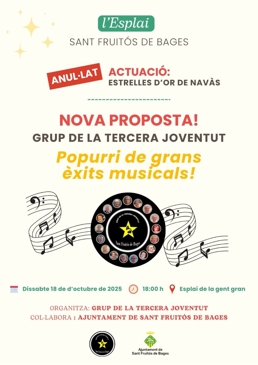 AjSantFruitos's tweet photo. 🎶 tarda musical a l’Esplai! 

Vine a gaudir d’un popurri de grans èxits musicals amb el grup de #santfruitós “La Tercera Joventut”.

ℹ️ Informem que, per causes alienes a l’organització, el grup "Les Estrelles d'Or de Navàs" finalment no podrà actuar, tal com estava previst. https://t.co/scRKrqmBMM