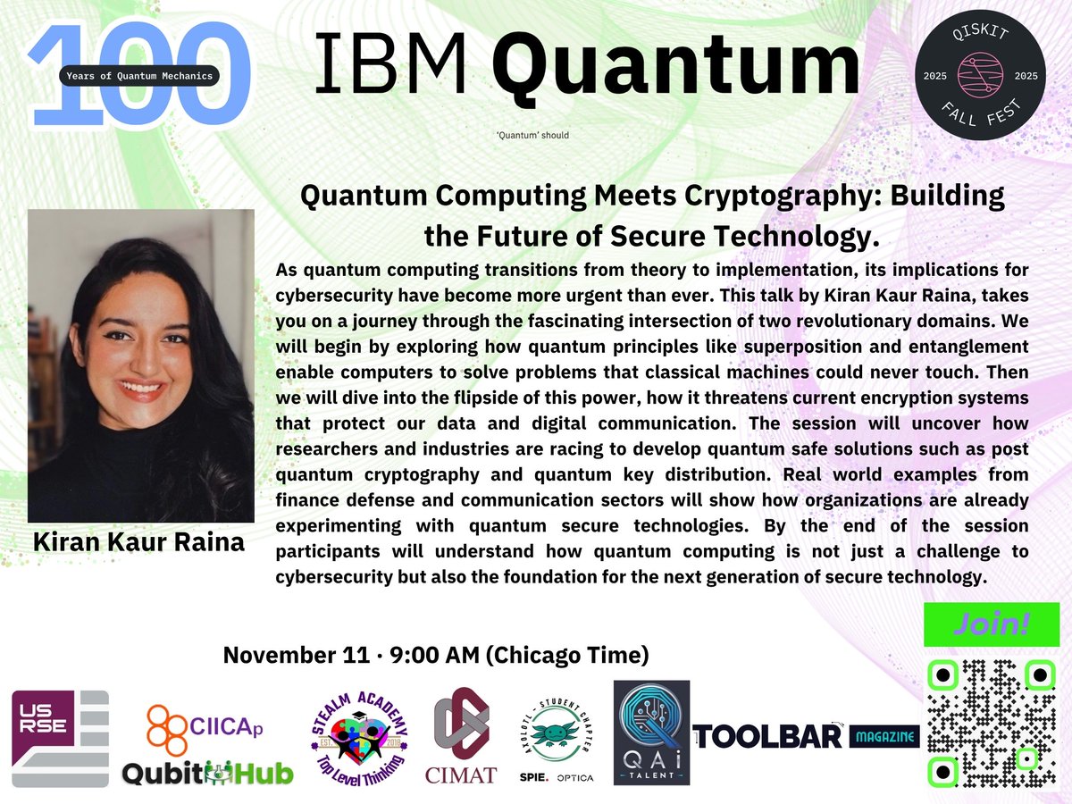 NatashiaKaur's tweet photo. It’s an honor to be speaking at QubitHUB’s @IBM  Quantum @qiskit  Fall Fest 2025! To register click here: https://t.co/Gqu5Oe1STO
#quantum #IBM #Qiskit #TechTalk #CyberSec https://t.co/C1UGsWTyFm