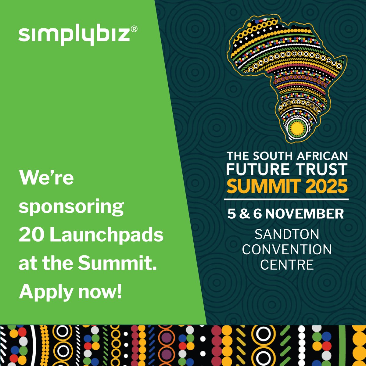 SimplybizSA's tweet image. SimplyBiz is sponsoring 20 Launchpad stands (each valued at R2,300 excl. VAT) at the SA Future Trust Summit, 5–6 November 2025.

👉 Register on SimplyBiz and apply here: bit.ly/4q9xJYd

#SimplyBiz #SAFutureTrustSummit #LaunchPad