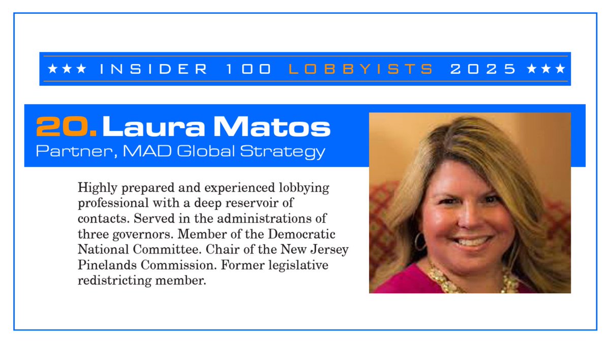 We're thrilled to celebrate our own <a href="/lauraematos/">Laura Matos</a>, who has been named to <a href="/INSIDER__NJ/">Insider NJ</a>'s 2025 Top 100 Lobbyist Power List—reflecting her exceptional leadership and strategic insight in government affairs.

Congrats, Laura! 🎉

View the full list of honorees: insidernj.com/2025-insider-1…
