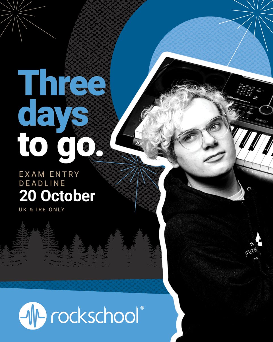 ⏳ Only 3 days left to book your RSL exam!
Showcase your progress, celebrate your hard work, and finish the year strong.

🗓️ Exams: 27 Oct – 20 Dec
⏰ Deadline: 20 Oct (midnight)

👉 Book now: bit.ly/43cIQp9
#RockschoolExam #RSLAwards #Countdown