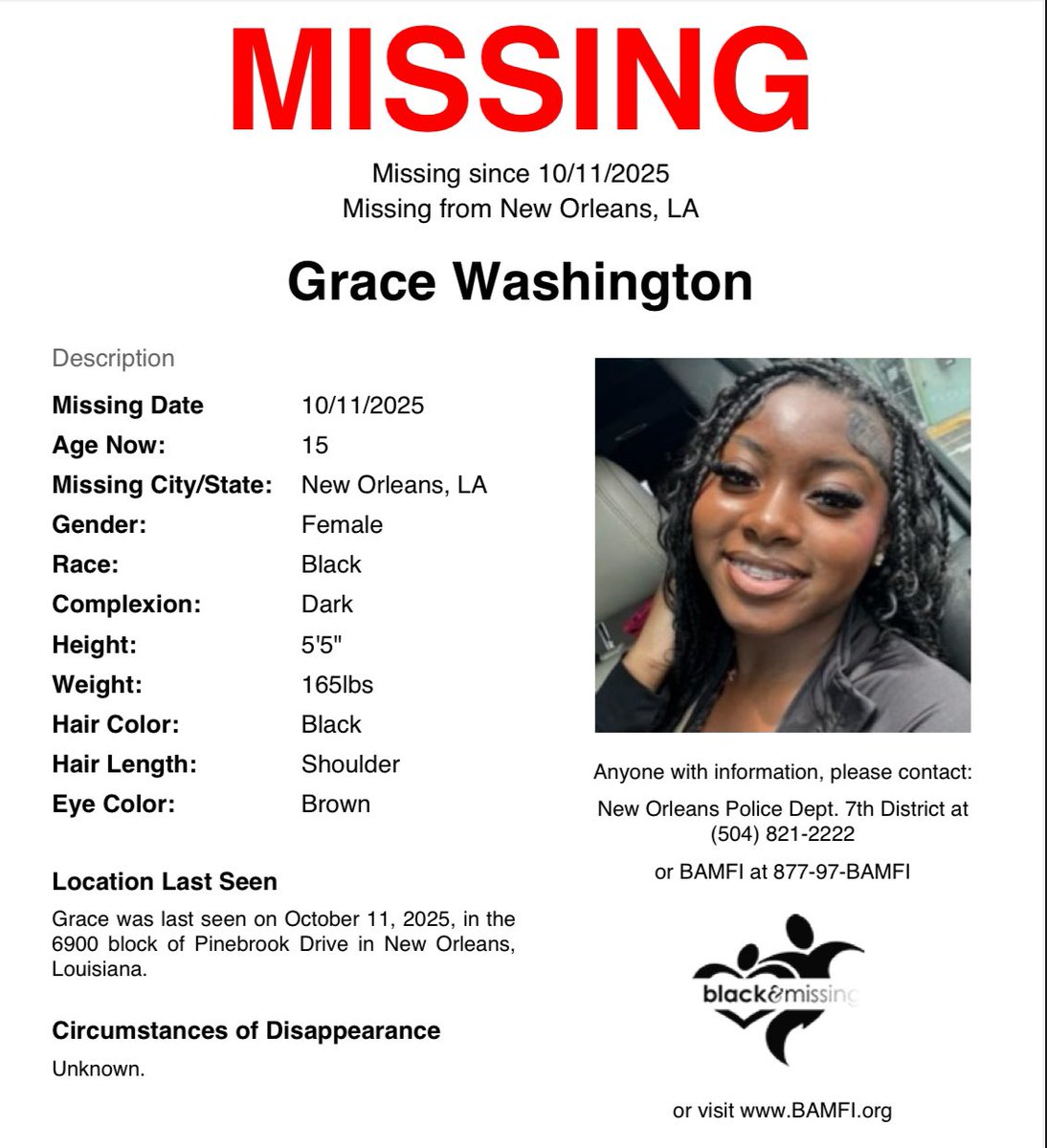 #NewOrleans, #LA: 15y/o Grace Washington was last seen on October 11 in the 6900blk of Pinebrook Drive wearing a brown dress. 

Have you seen her?

Please SHARE to #HelpUsFindGraceWashington #GraceWashington #HelpUsFindUs
