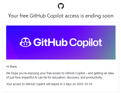 mongolyy's tweet image. 「Your free GitHub Copilot access is ending soon」のお知らせ、、
今月、OSSへのcontribute全然できてなかったからか、、