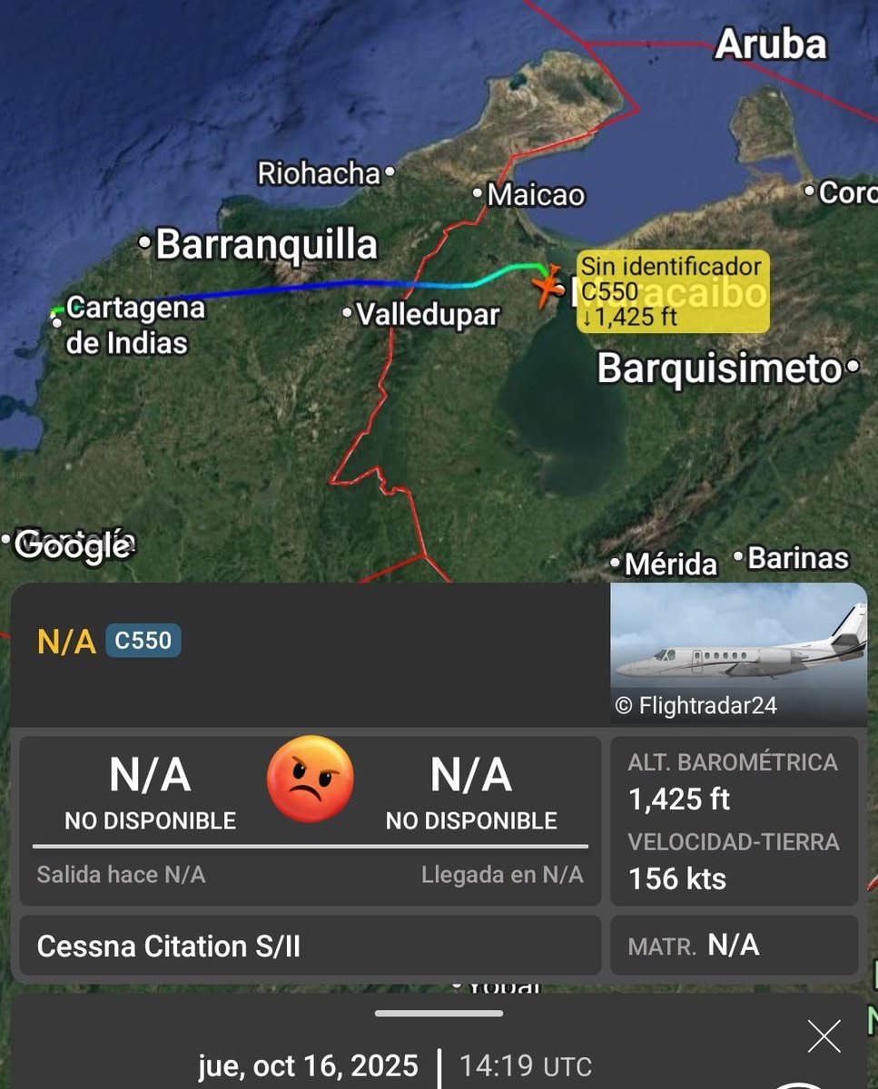 YV3019 procedente de vuelta rápida por Cartagena, Colombia, juntándose con el avión presidencial YV2984 en Maracaibo.