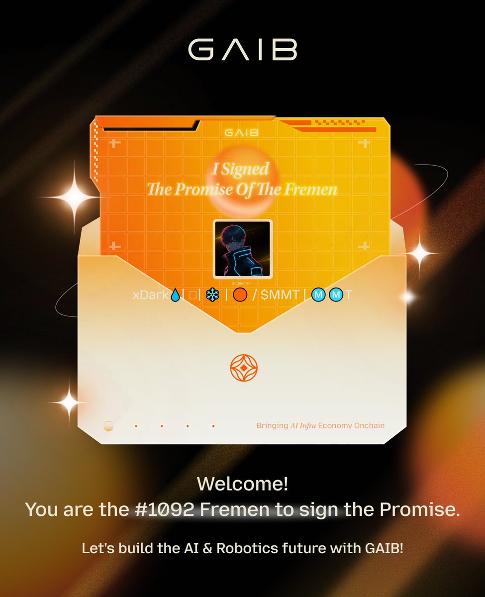 I signed The Promise of the Fremen! <a href="/gaib_ai/">GAIB 🟠 | RWAiFi</a>

You can lock-in now 👇👇👇
fremenpromise.gaib.ai

Time to take your action before it gone

#rwa #gpu #ai #defi