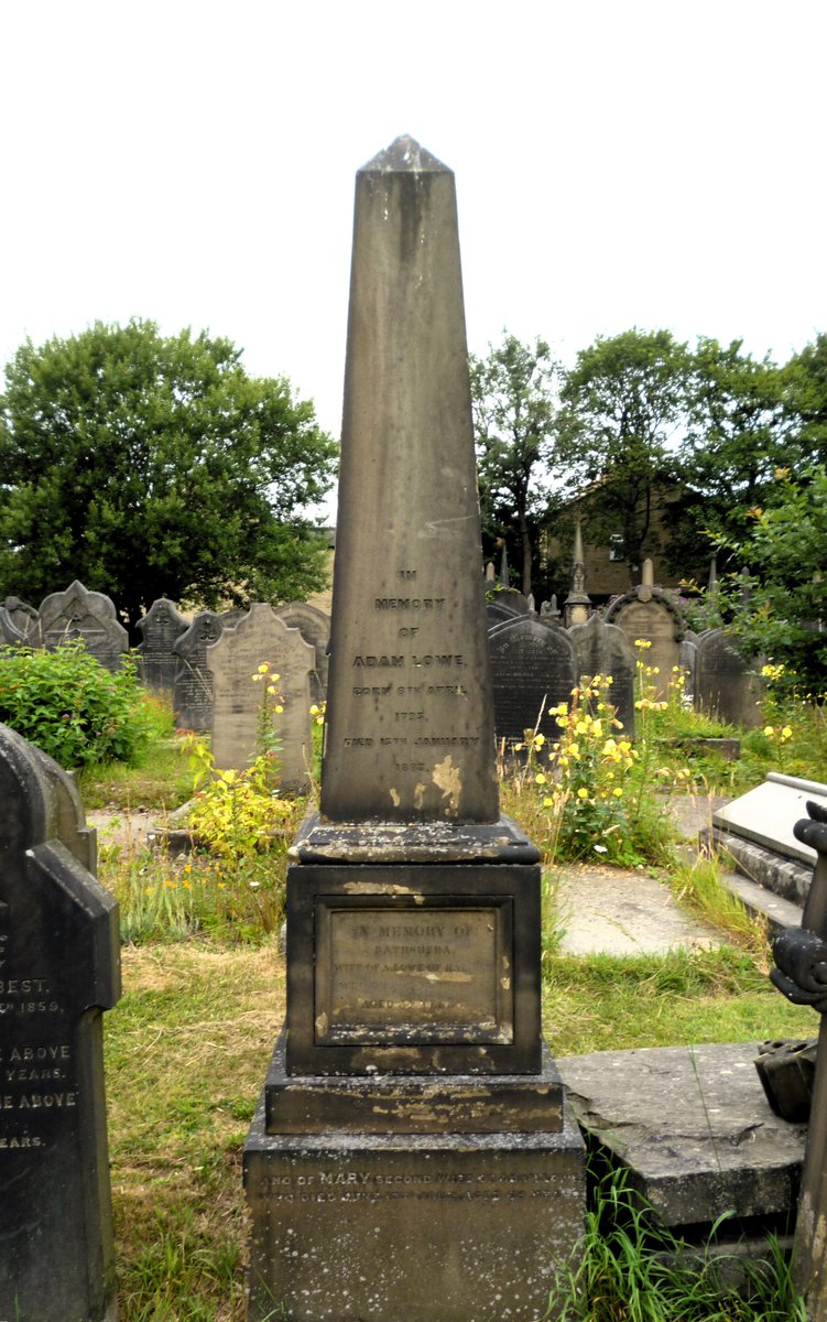 #31DaysOfGraves Day 16: Obelisk 
Grave monument with obelisk at Lister Lane Cemetery. This marks the burial place of former tailor and draper Adam Lowe, who died in 1883, aged 87. Interred with both his wives, Bathsheba, who died in 1848, aged 54 and Mary, died in 1882 aged 69.