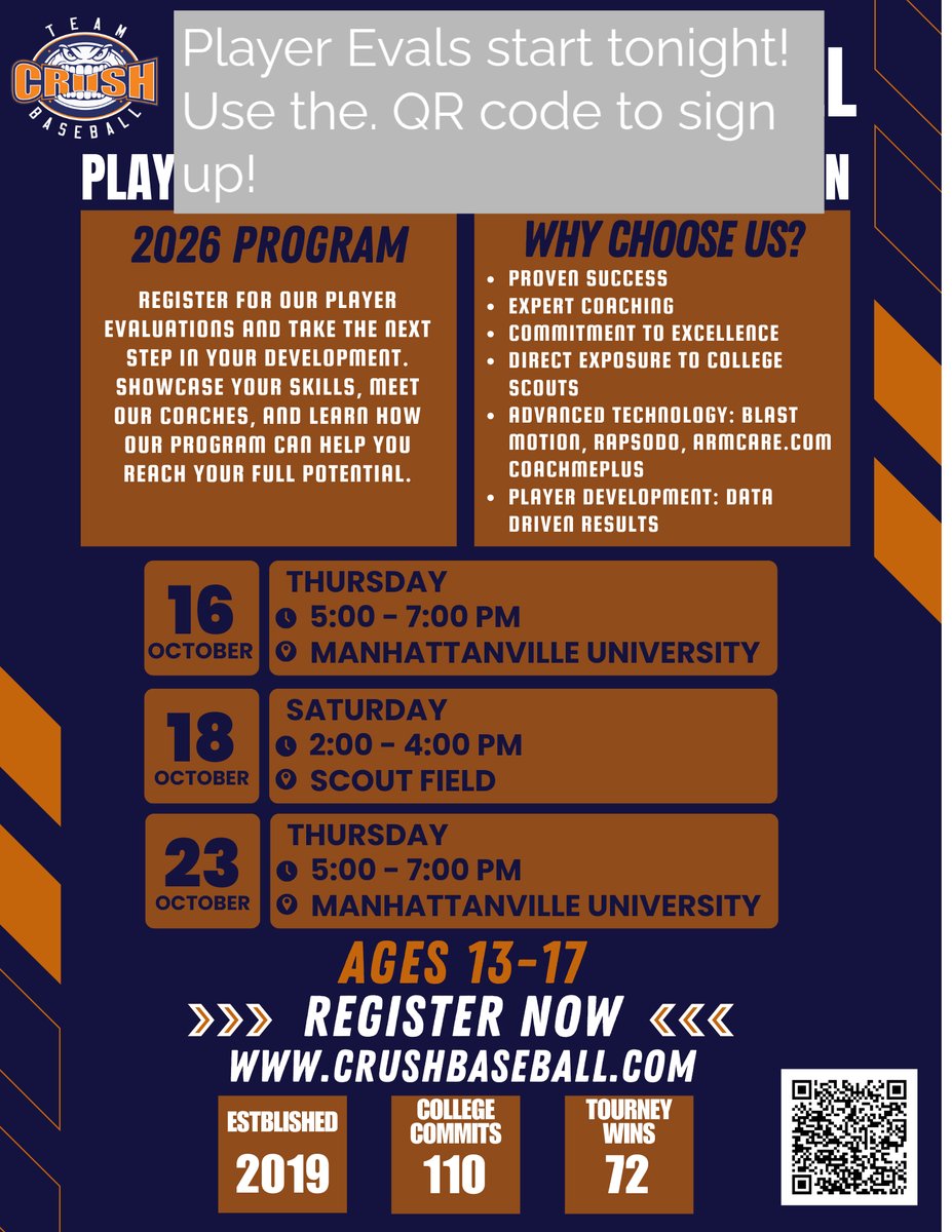 Don’t miss out—sign up now using the QR code to secure your spot for tonight’s player evaluations. Get ready to showcase your skills! #PlayerEvals #TeamCrush