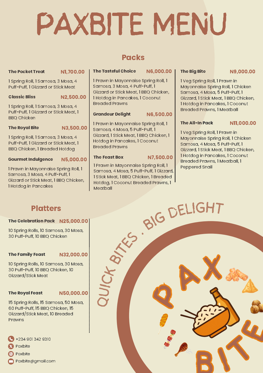 paxbite's tweet photo. Let us introduce you to our Food &amp; Drink MENU.

Our crispy, spicy, and juicy chops come in different sizes. 🤩

Go through our menu and let us know which you’d like in the comments. 😌

#paxbite #smallchops #smallchopsvendor #parties #weddings #birthdays #events #officeparty https://t.co/U9B4BsNk0c