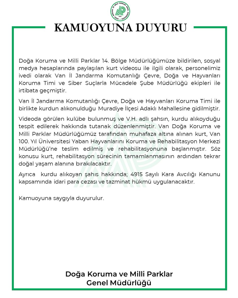 Milli Parklar (@milliparklar) on Twitter photo Van'da bir şahıs tarafından alıkonulan kurt ile ilgili açıklama
<a href="/TCTarim/">T.C. Tarım ve Orman Bakanlığı</a> Van'da bir şahıs tarafından alıkonulan kurt ile ilgili açıklama
<a href="/TCTarim/">T.C. Tarım ve Orman Bakanlığı</a>