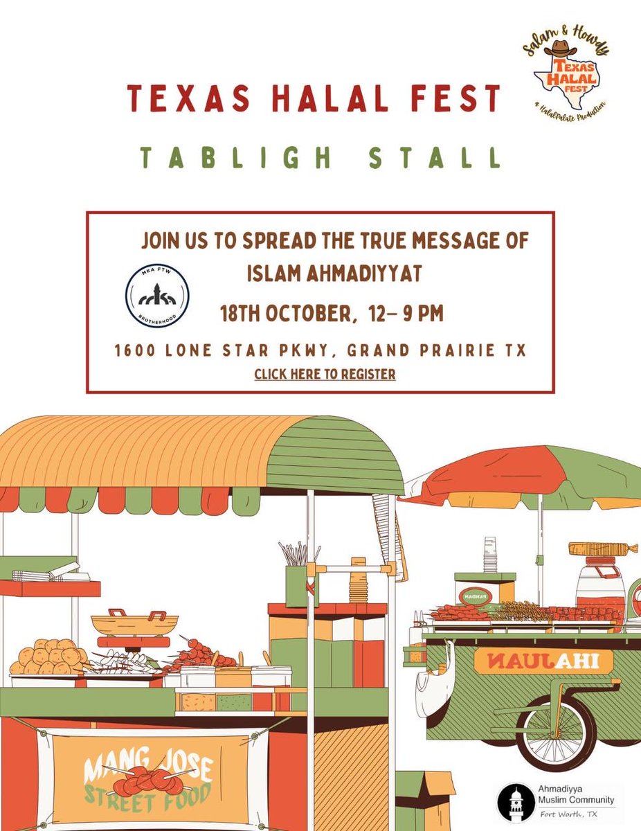 Assalamu Alaikum,

InshAllah we will be setting up a Tabligh Booth at Texas Halal Fest. Kindly please join us. 

WHEN: OCTOBER 18TH, 2025
WHERE: GRAND PRAIRIE CRICKET STADIUM
ADDRESS: 1600 LONE STAR PKWY, GRAND PRAIRIE TX
TIMING: 12PM TO 9PM