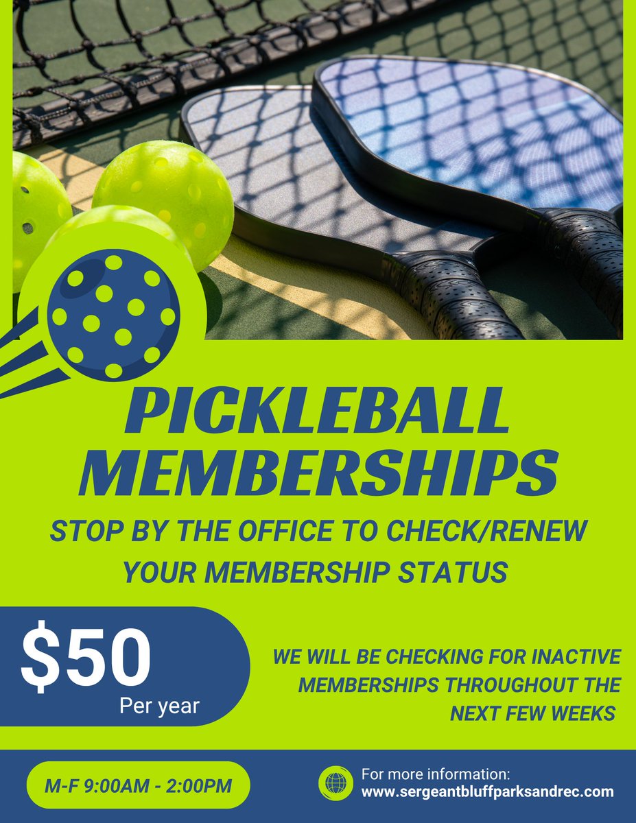 🏓Pickleball Update!

Starting next week, a check-in table will be set up in the hallway during pickleball hours. Swing by the table before playing so we can confirm you have an active membership or collect the drop-in fee.

$3/day: Drop-in fee

$50/year: Membership &amp; T-shirt