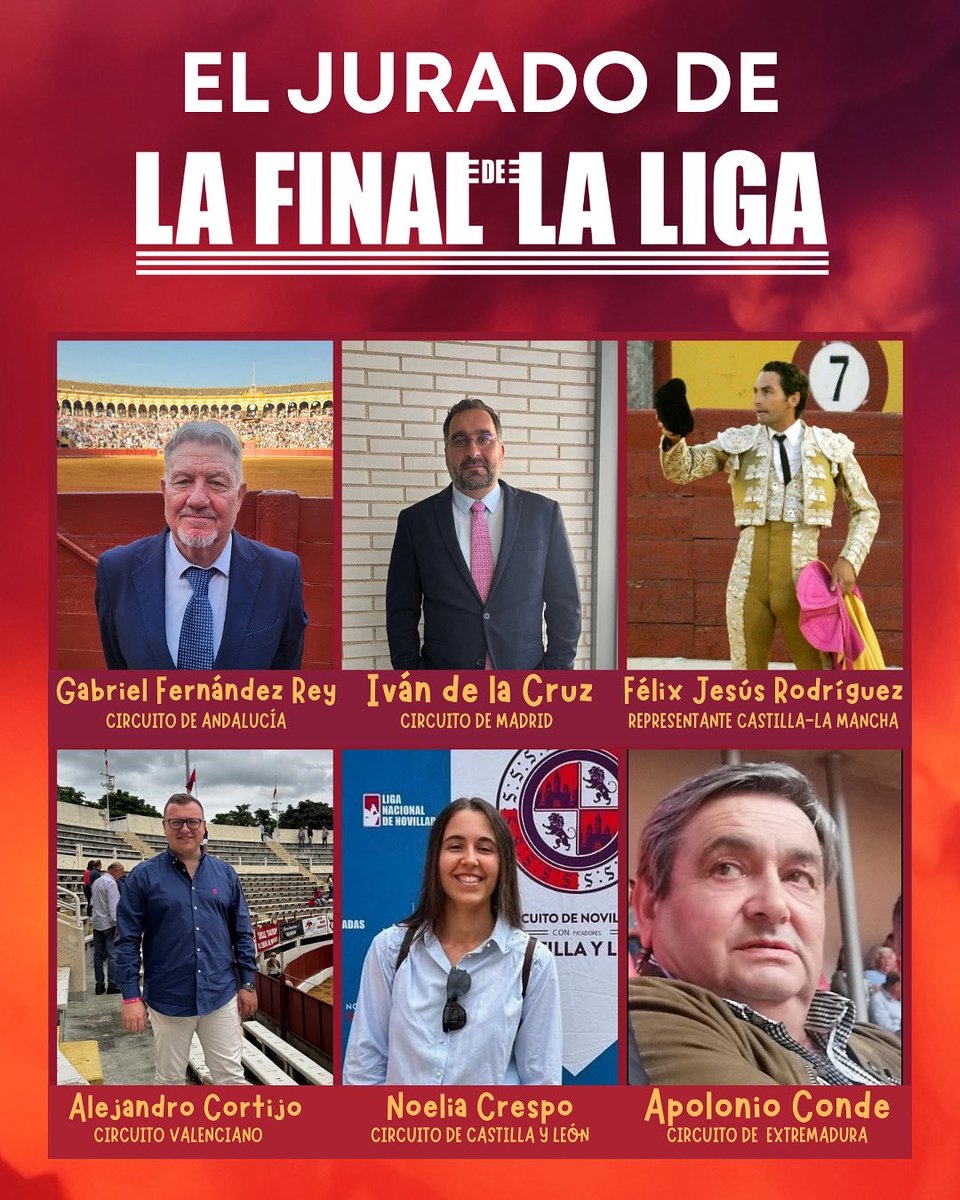 🤗Los componentes del 𝐉𝐔𝐑𝐀𝐃𝐎 para la Final de la Liga Nacional de Novilladas 2025

🔹 Un jurado de cada Circuito

🔸Un representante de Castilla-La Mancha

#liganacionaldenovilladas
#liganacionaldenovilladas2025