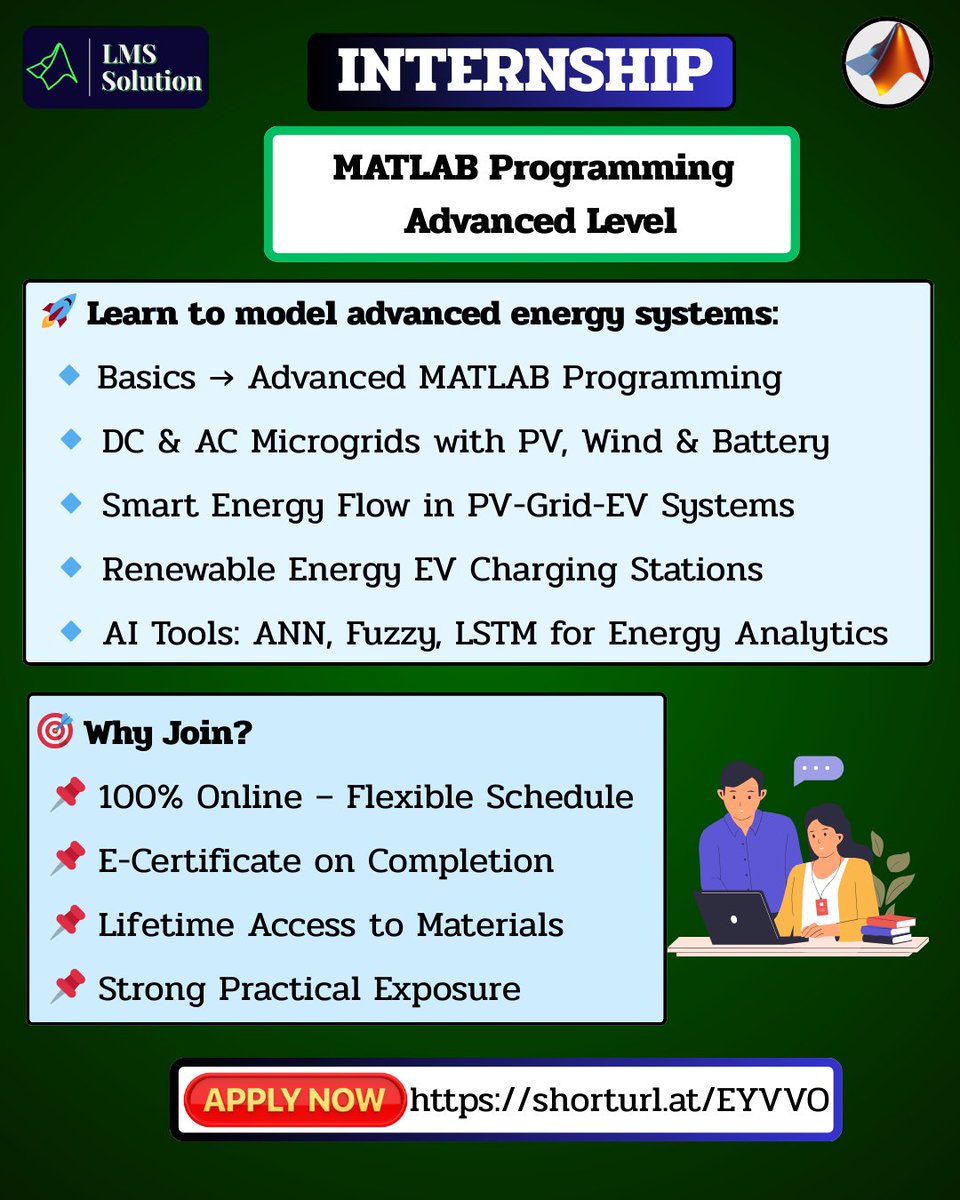 Lms_Solution's tweet image. ⚡ Level up your MATLAB skills!
Join our Advanced MATLAB Programming Internship 🎓
Learn PV-Grid-EV Systems, Microgrids, ANN, Fuzzy & LSTM Tools 🧠
Apply 👉 zurl.co/Vk1yO
#MATLABInternship #Microgrid #PVSystem #EVCharging #EnergyAnalytics #RenewableEnergy