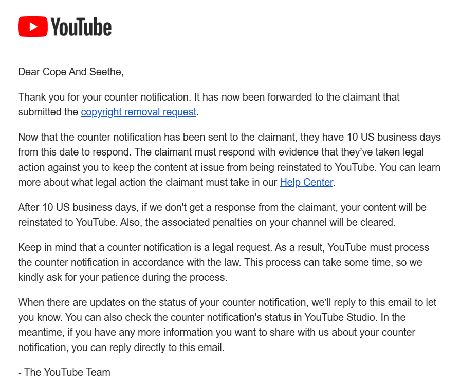 We intend to fight these false strikes and have already had our first counter-notification accepted by YouTube. 

KP now has until the 30th of October to take me to court and sue me IRL or we win the first strike and that video goes back up. No news yet on the other 4.

- Jenny