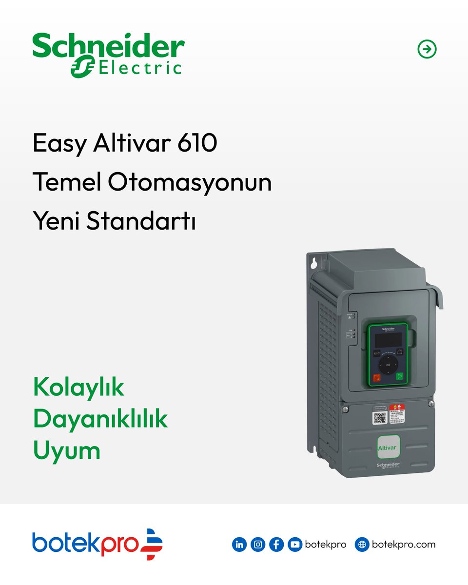 botek_pro's tweet image. Botek Pro, temel otomasyon çözümlerinde yeni standartı sunuyor: Easy Altivar 610.

Kolay kullanım, sağlam yapı ve rekabetçi fiyat avantajı ile pompa ve fan uygulamalarında maksimum verimlilik sağlar.

+90 212 210 94 27
 satis@botekpro.com
 botekpro.com

#BotekPro…