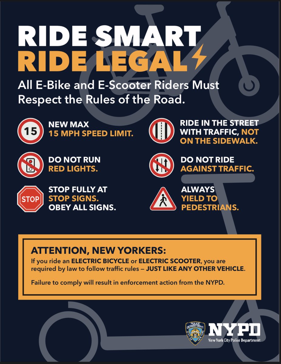 Ride smart, ride legal. E-bikes and e-scooters must obey all traffic laws — 15 mph max, no sidewalk riding, stop at red lights and stop signs, and always yield to pedestrians. Violations can lead to enforcement.
