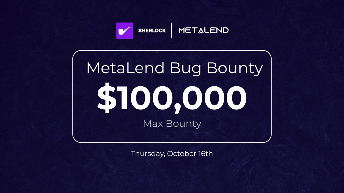 We’re excited to announce the launch of our $100,000 Bug Bounty in collaboration with <a href="/sherlockdefi/">SHERLOCK</a>.

At MetaLend we value security and are inviting the security community to help strengthen our protocol and ensure users can earn with confidence.

Join: audits.sherlock.xyz/bug-bounties/1…