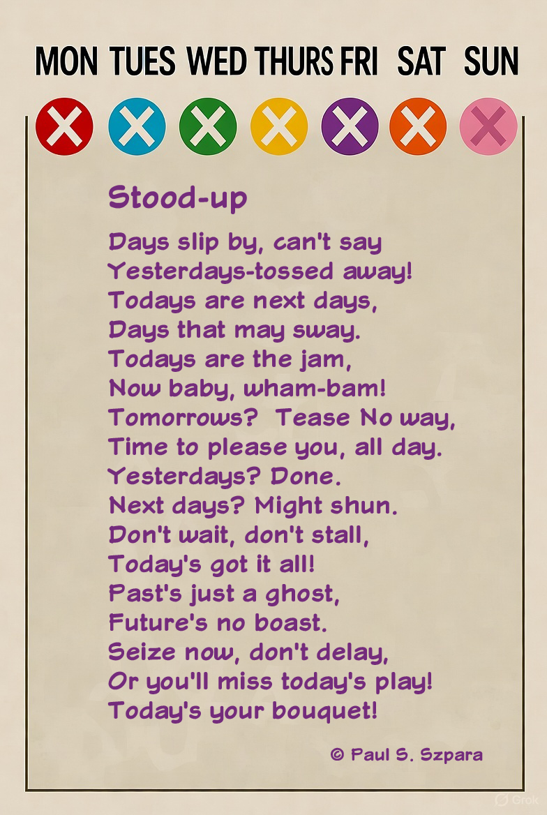 "Missed plans? Don’t mope! “Stood-up” says toss yesterdays, skip tomorrows’ tease, &amp; grab today’s bouquet! Live now, wham-bam! #Poetry #SeizeTheDay #LiveInTheMoment #FunnyPoems"