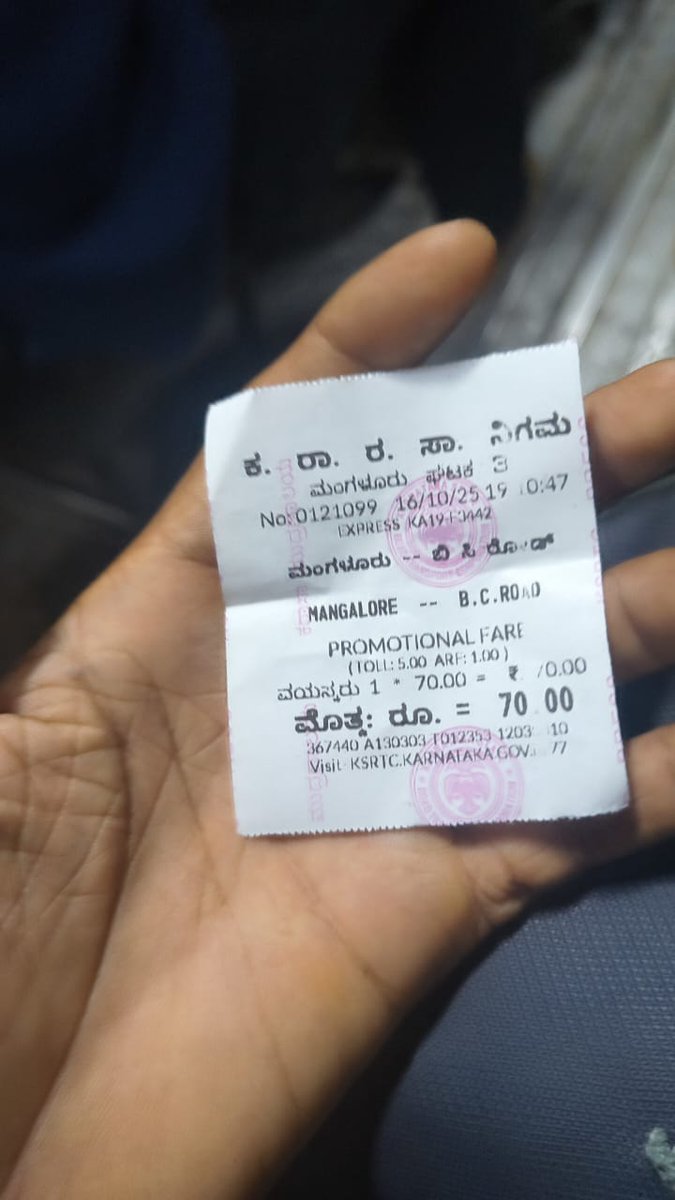 tuluve_'s tweet image. @KSRTC_Journeys  why is the fare from B.C. Road to Mangalore ₹70?
That’s quite high for such a short distance! Please look into the pricing or clarify.
Ticket attached for reference.
#KSRTC #Mangalore #PublicTransport