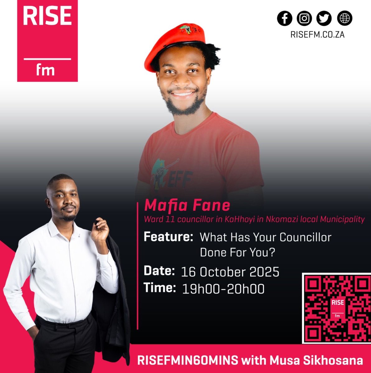 ♦️INTERVIEW♦️

Ward Cllr Mafia Fane will be on a live radio interview with Musa Skhosane today evening on <a href="/RISEfm943/">RISE fm</a> under the Show “ WHAT HAS YOUR COUNCILLOR DONE FOR YOU?” to unpack the Ward 11 Nkomazi Service Delivery Program that has been undertaken since taking office in