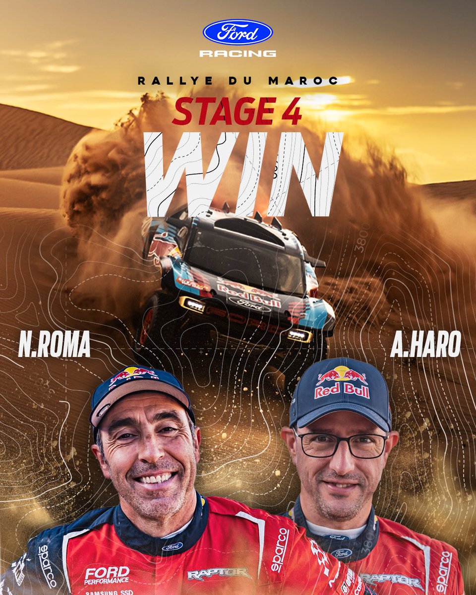 Ford Performance (@fordperformance) on Twitter photo <a href="/MarocRallye/">Rallye Du Maroc</a> <a href="/mattiasekstroem/">Mattias Ekström</a> <a href="/NaniRoma/">Nani Roma Dakar</a> <a href="/CSainz_oficial/">Carlos Sainz</a> <a href="/mitchguthrie5/">Mitch Guthrie</a> <a href="/Ford/">Ford Motor Company</a> Stage 4 winners. 💪
<a href="/NaniRoma/">Nani Roma Dakar</a> and Alex Haro conquered 284 km of Moroccan desert to take victory in Stage 4 of <a href="/MarocRallye/">Rallye Du Maroc</a>.
A master in the dunes, Nani showed his desert expertise behind the wheel of the Raptor T1+, driving Ford to the top once again. <a href="/MarocRallye/">Rallye Du Maroc</a> <a href="/mattiasekstroem/">Mattias Ekström</a> <a href="/NaniRoma/">Nani Roma Dakar</a> <a href="/CSainz_oficial/">Carlos Sainz</a> <a href="/mitchguthrie5/">Mitch Guthrie</a> <a href="/Ford/">Ford Motor Company</a> Stage 4 winners. 💪
<a href="/NaniRoma/">Nani Roma Dakar</a> and Alex Haro conquered 284 km of Moroccan desert to take victory in Stage 4 of <a href="/MarocRallye/">Rallye Du Maroc</a>.
A master in the dunes, Nani showed his desert expertise behind the wheel of the Raptor T1+, driving Ford to the top once again.