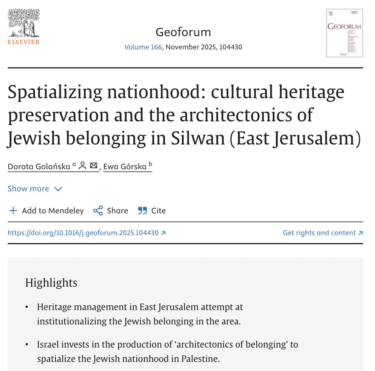 New in Geoforum! 📰
Our own Dr. Ewa Górska  &amp; Prof. Dorota Golańska explore how law, heritage policies &amp; architecture shape spatial control in Silwan, occupied East Jerusalem.
👉 sciencedirect.com/science/articl…
#Geoforum #DJC #Palestine #EastJerusalem #LawAndSpace