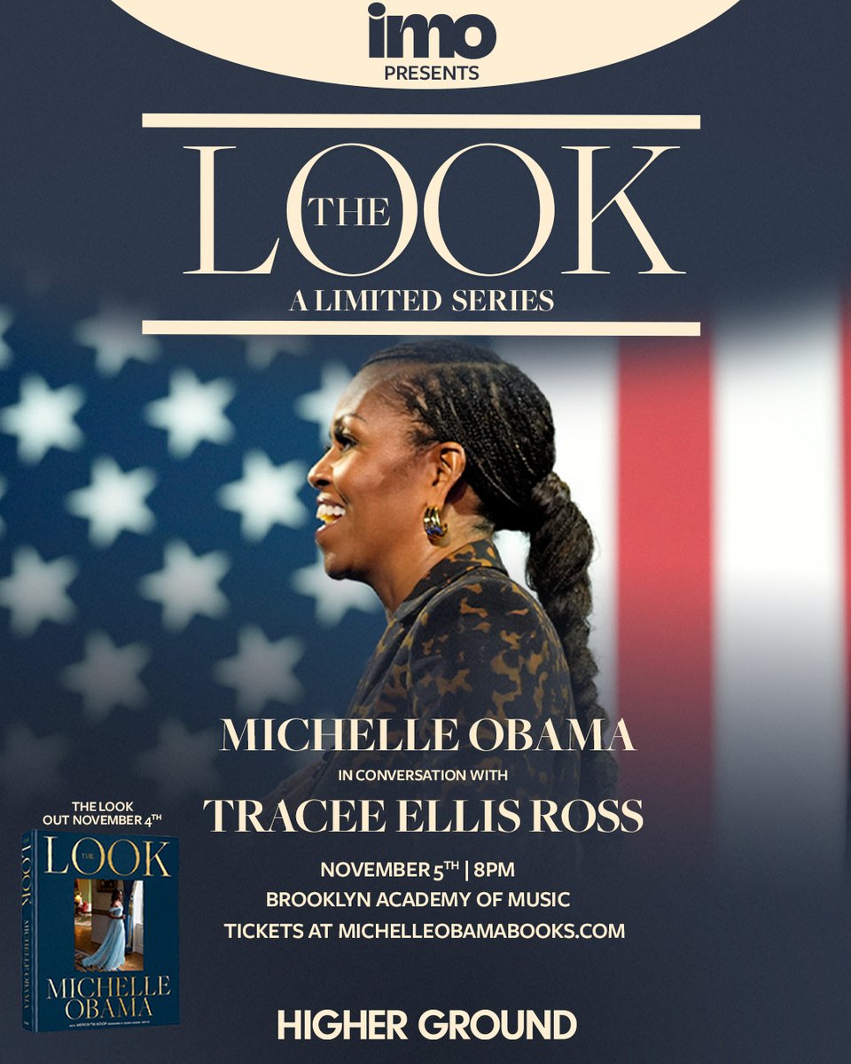CrownPublishing's tweet image. Join @MichelleObama for a discussion of THE LOOK! 
11/5, 8 PM EST 
Brooklyn, NY 
With Tracee Ellis Ross 

11/12, 7:30 PM EST 
Washington D.C. 
With Wesley Morris 

Tickets go on sale 10/20! 

Learn more at the link: michelleobamabooks.com