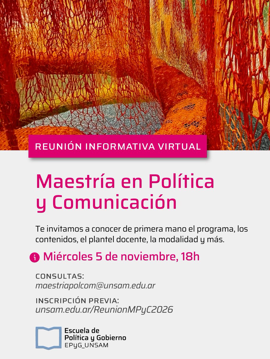 Te invitamos a conocer la nueva Maestría en Política y Comunicación

Completá el formulario virtual, sumate a la reunión con el equipo de trabajo de la Maestría y sacate todas las dudas:

📍 ¿Cuándo? Miércoles 5 de noviembre, 18 hs

📝 Inscribite en unsam.edu.ar/s/ReunionMPyC2…
