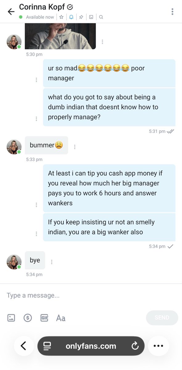 Exposing420's tweet photo. OnlyFans managers really wake up, clock in, and spend 6 hours calling random guys “daddy.” All for $15/hr and no tips.
@CorinnaKopf your indians are so bad and smelly most probably like you https://t.co/QOXH60dTqY