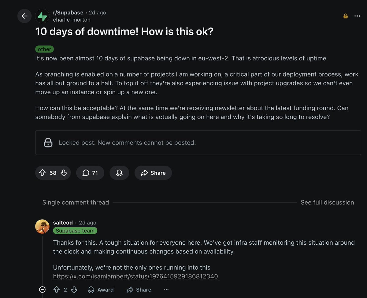 isamlambert's tweet image. This post is locked and it calls out my tweet so i will respond here. This issue is nothing like the one we are facing. we have capacity issues getting huge metal nodes for customers that order them in batches of 750 at a time. Supabase isn't able to provision small nodes. We can…