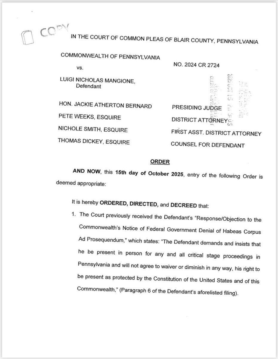 TheLuigiTimes's tweet image. 🚨LM’s PA case is now on pause, according to an order filed by Judge Bernard yesterday.
With the federals not allowing him to be brought in-person, and him declining to appear virtually, Judge Bernard says it is “impossible” to conduct substantive hearings at the moment.