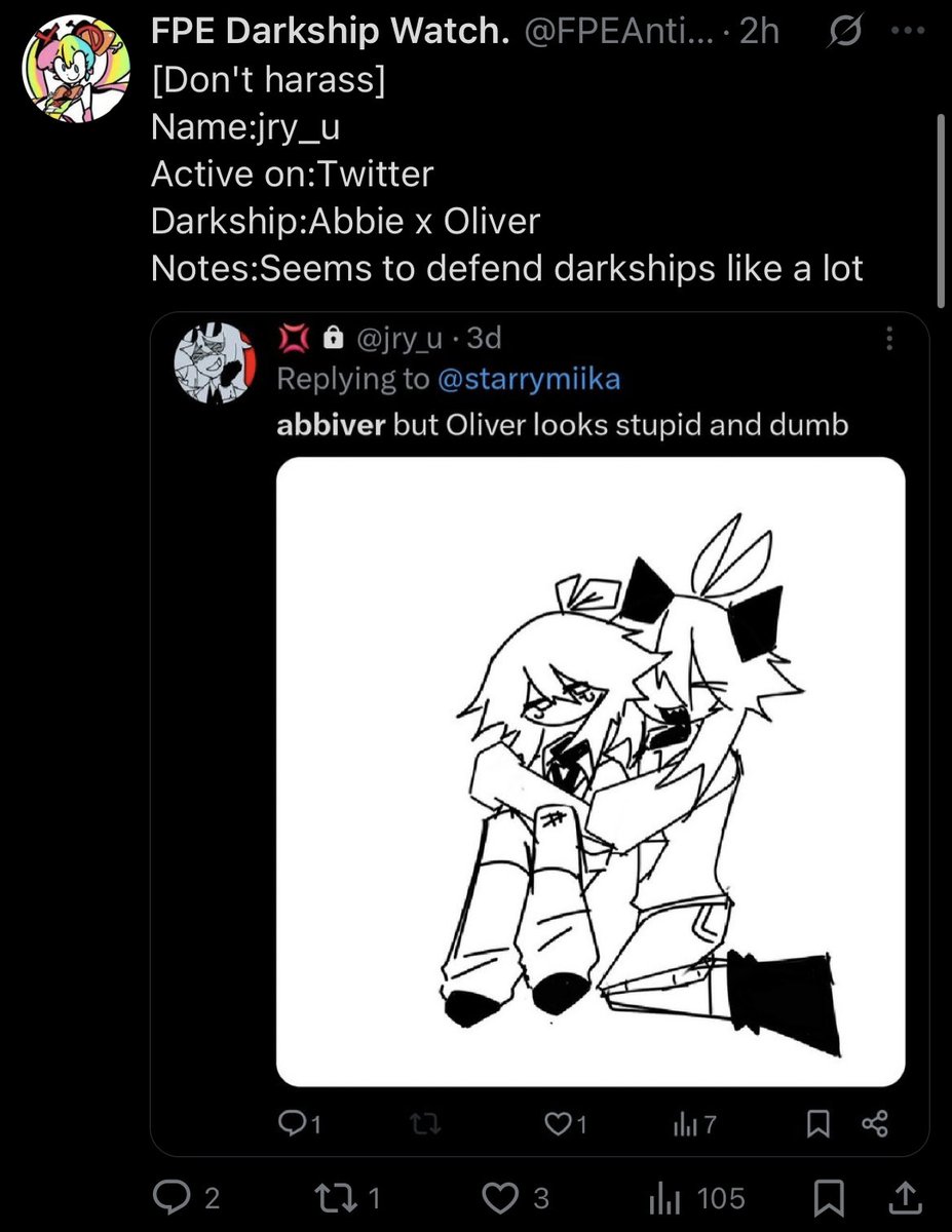 DrawKillRabbit's tweet image. Please watch out for the account @/FPEAntiProship it’s an anti darkship account that posts darkshippers private and non private accounts!
Posting people’s private accounts is a shitty move and is a preach of privacy!
