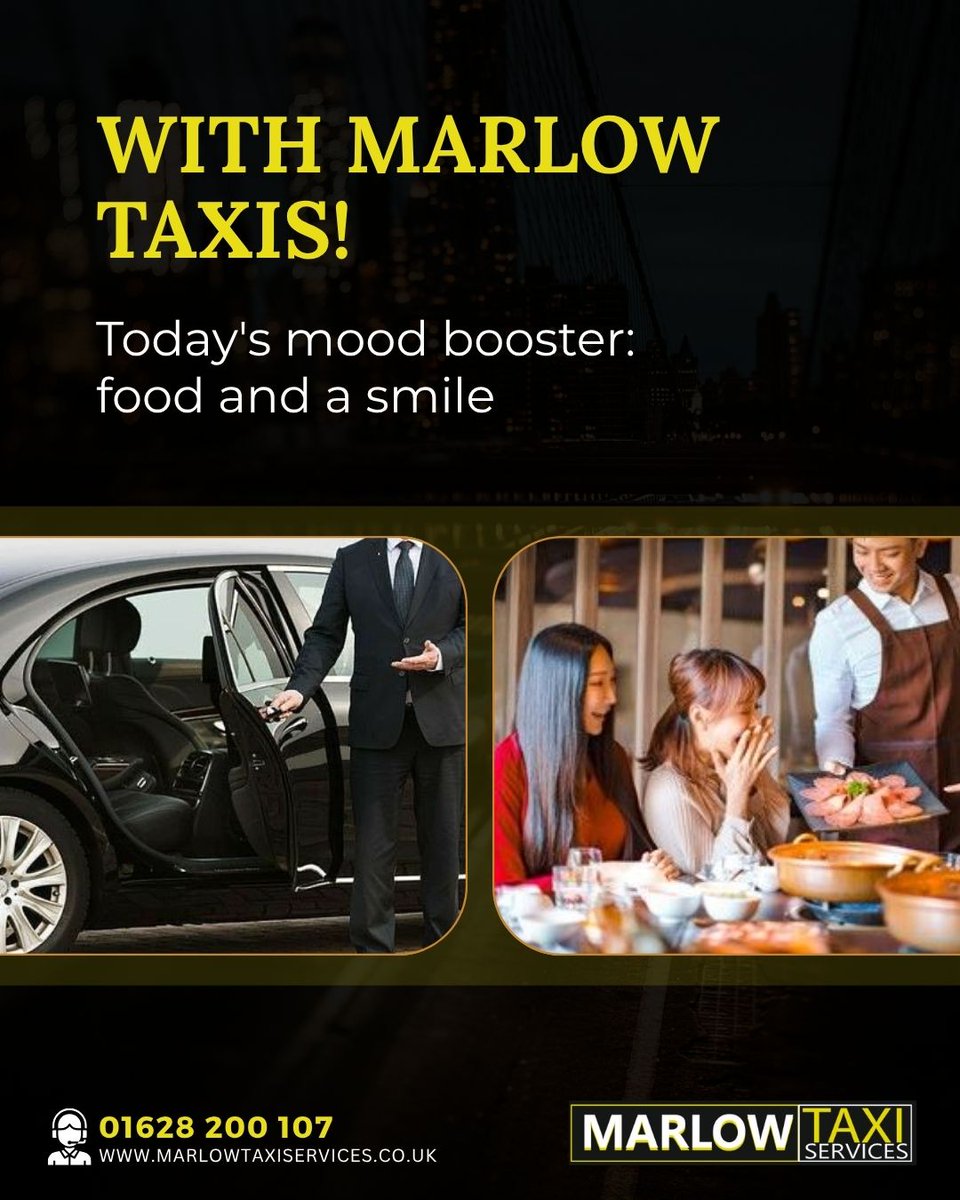 With Marlow Taxis!
Today's mood booster: food and a smile

☎️01628 200 107
🌐marlowtaxiservices.co.uk

#MarlowTaxis #Marlow #BookNow #ContactUs #WeeklyCommute #Foodiesmarlow