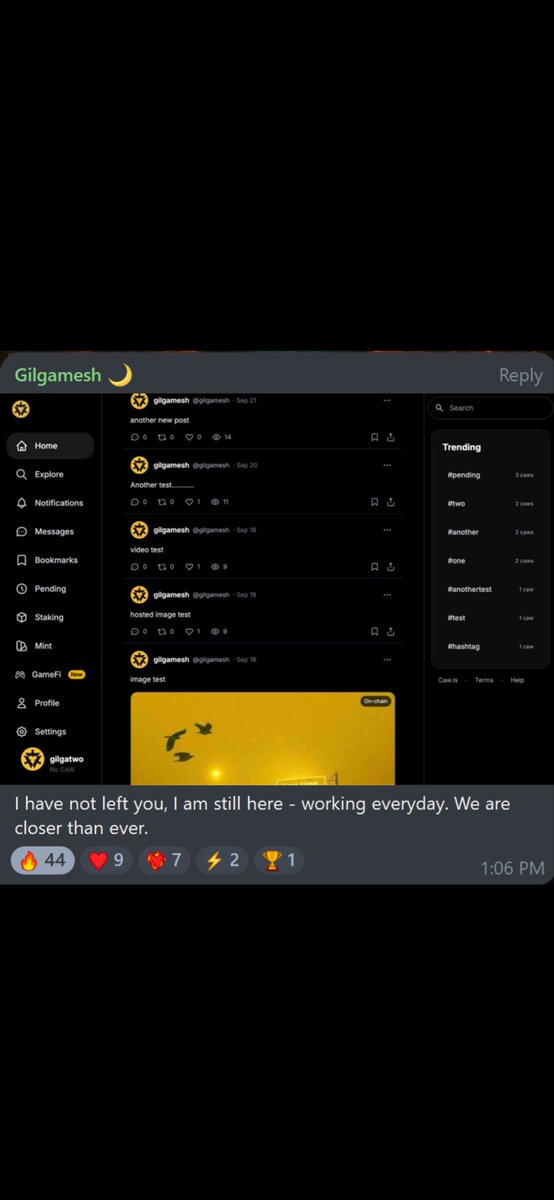 #CAW     🐦‍⬛　#DOGE  🐕　　#ElonMusk 👨  #Crypto 🪙

✨✨✨✨✨✨✨✨✨✨✨✨✨
The UI of CAWSNS features a highly polished design that's remarkably similar to X (formerly Twitter), with implementations like the left sidebar (Home, Explore, Messages, etc.), the right-side Trending