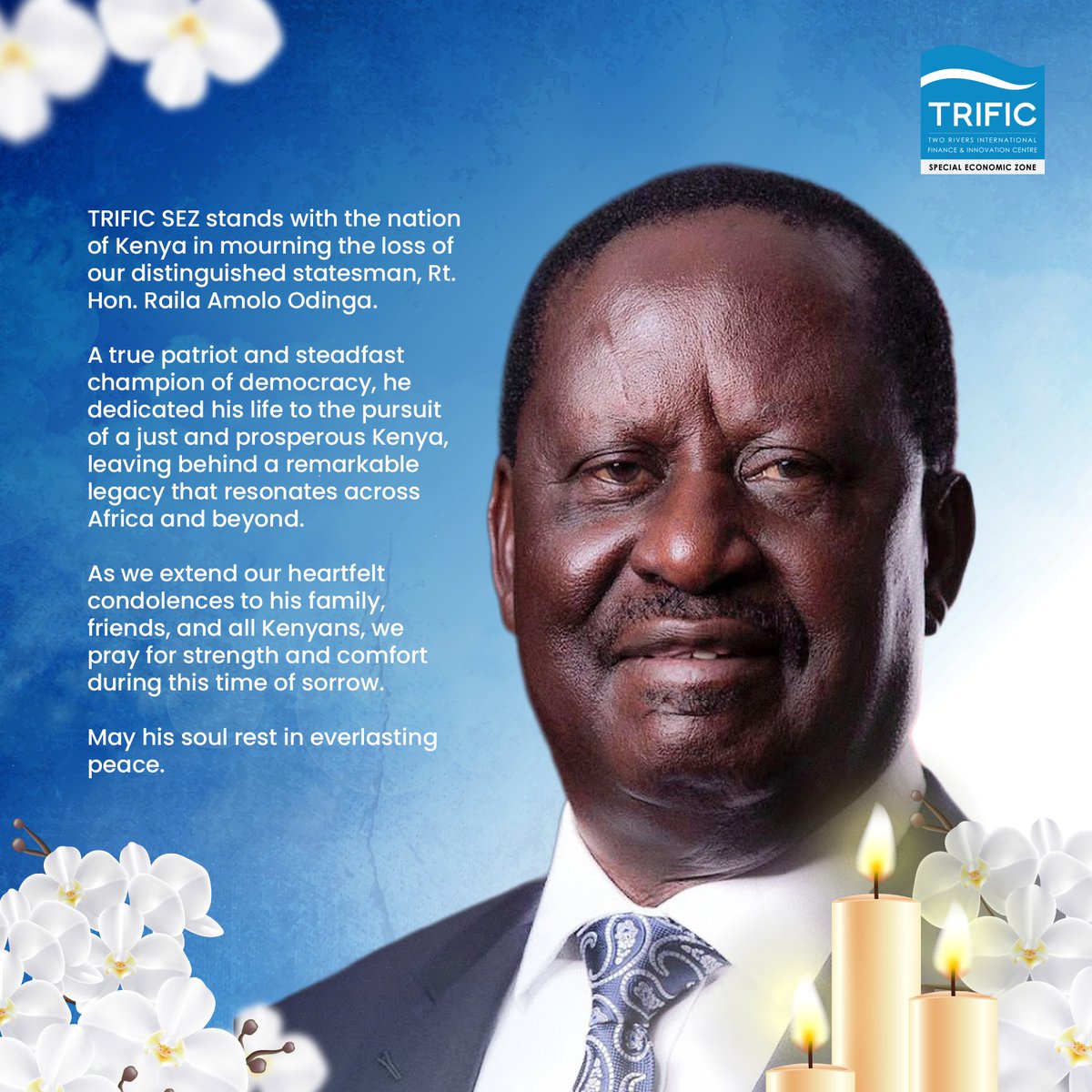We honor the life and legacy of Rt. Hon. Raila Amolo Odinga - a visionary leader, patriot, and champion of democracy whose impact will endure for generations.

#RailaOdinga #Legacy #Kenya #TrificSEZ