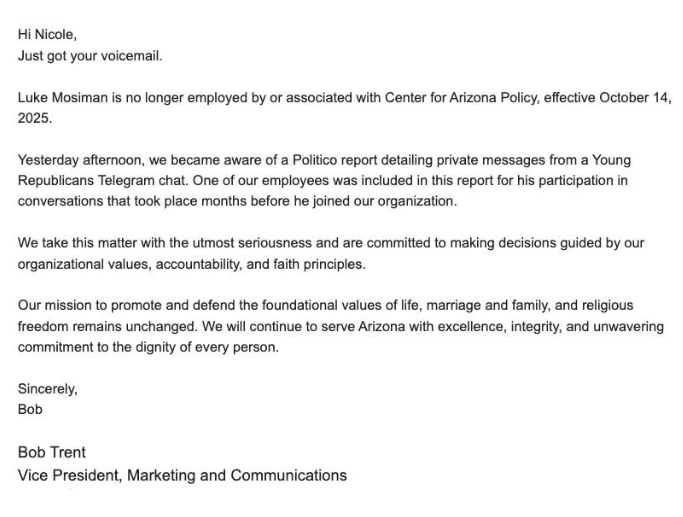 brahmresnik's tweet photo. UPDATE Chair of Arizona Young Republicans fired from job at Center for Arizona Policy after leaked chat reveals offensive messages, per @arizonaagenda. https://t.co/NR9fwH3EJl https://t.co/1edSpOh7NA