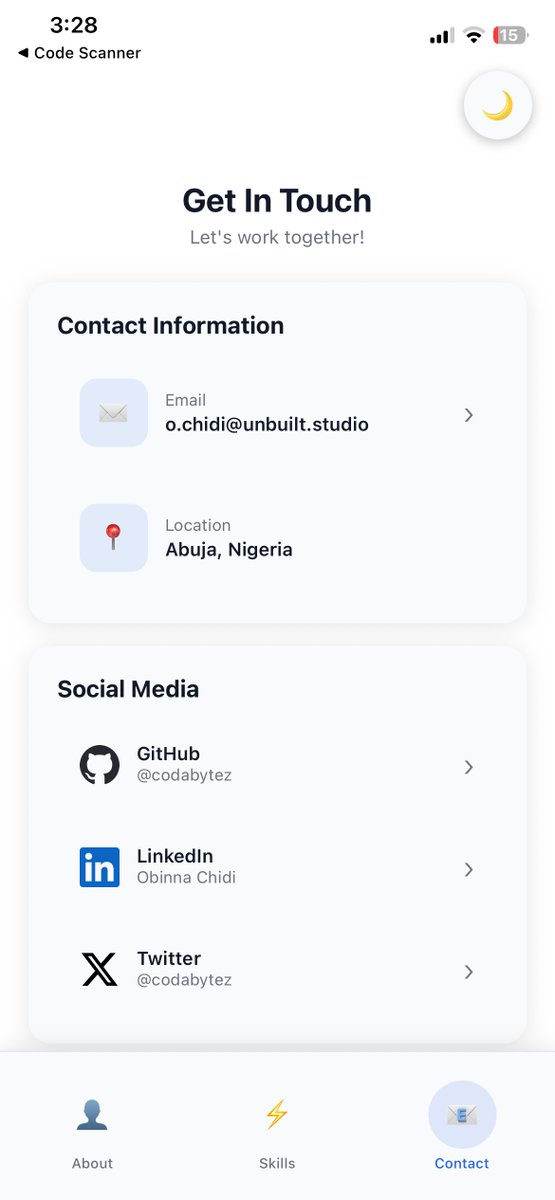 CodaBytez's tweet image. 🚀 HNG Mobile Track - Stage 0 Complete!

Built a Personal Portfolio App as part of the #HNG12 Mobile Track internship!   

Features: 
- About, Skills &amp;amp; Contact sections 
- Light/Dark theme toggle 
- Clean, modern design