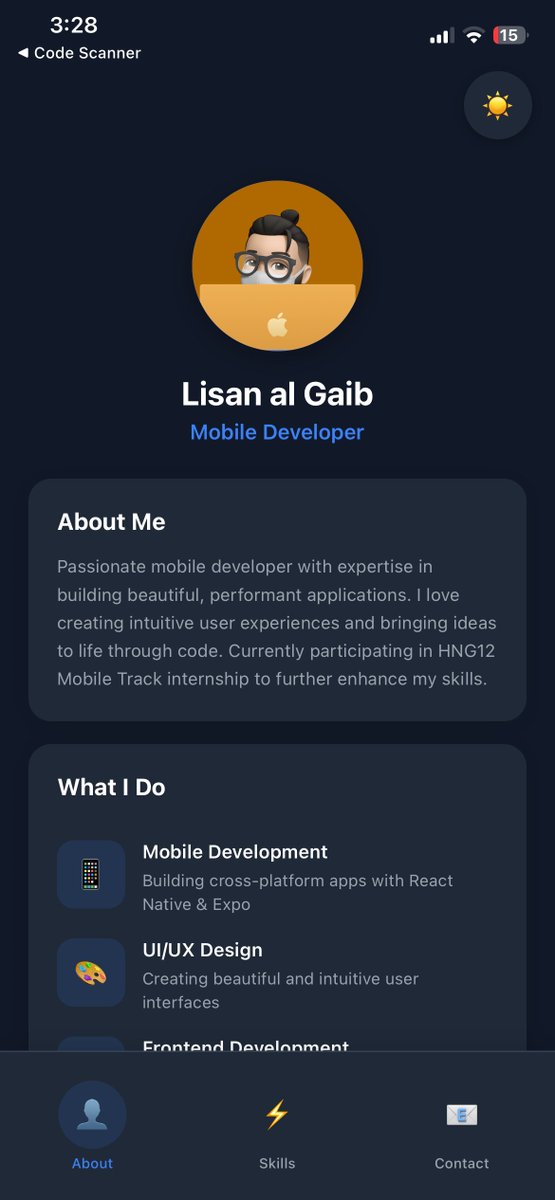 CodaBytez's tweet image. 🚀 HNG Mobile Track - Stage 0 Complete!

Built a Personal Portfolio App as part of the #HNG12 Mobile Track internship!   

Features: 
- About, Skills &amp;amp; Contact sections 
- Light/Dark theme toggle 
- Clean, modern design