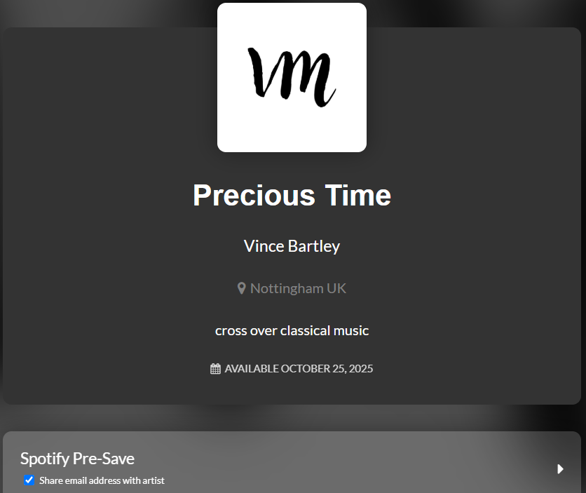 Listen to 'Precious Time' soon on your favourite streaming.

#composer #vincesmusic #music #release #nottingham #uk