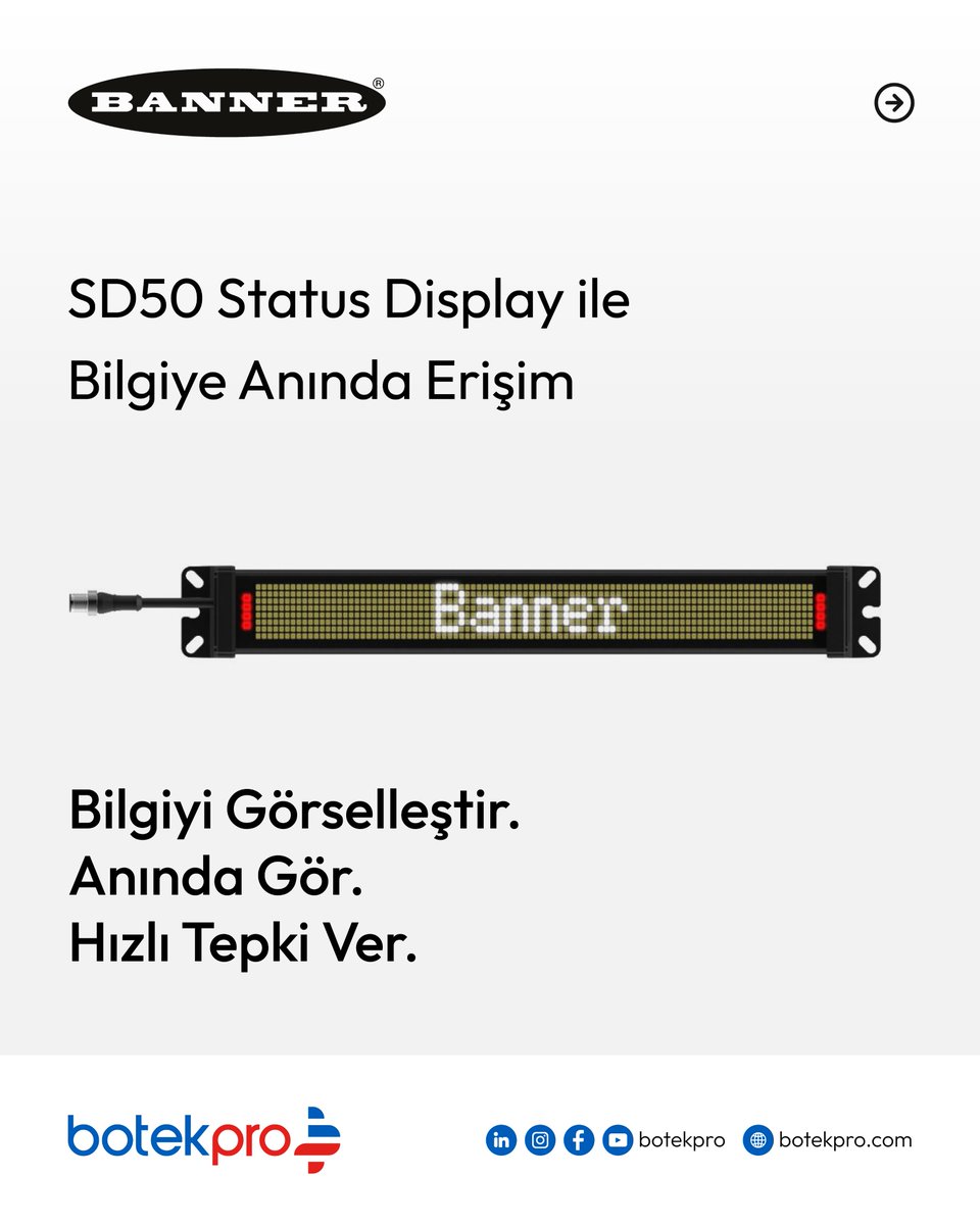 botek_pro's tweet image. SD50 Status Display, IO-Link, Modbus ve Discrete sistemlerle tam uyumludur.

Banner sensör çözümleriyle entegre çalışarak üretim hattınızda maksimum görünürlük sağlar.

+90 212 210 94 27
 satis@botekpro.com
 botekpro.com

#BotekPro #BannerEngineering #IOlink #Modbus…